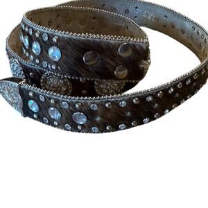 Nocona Women’s XL Calfhair Belt Silver Rhinestone Trim Silver Tip NO Buckle